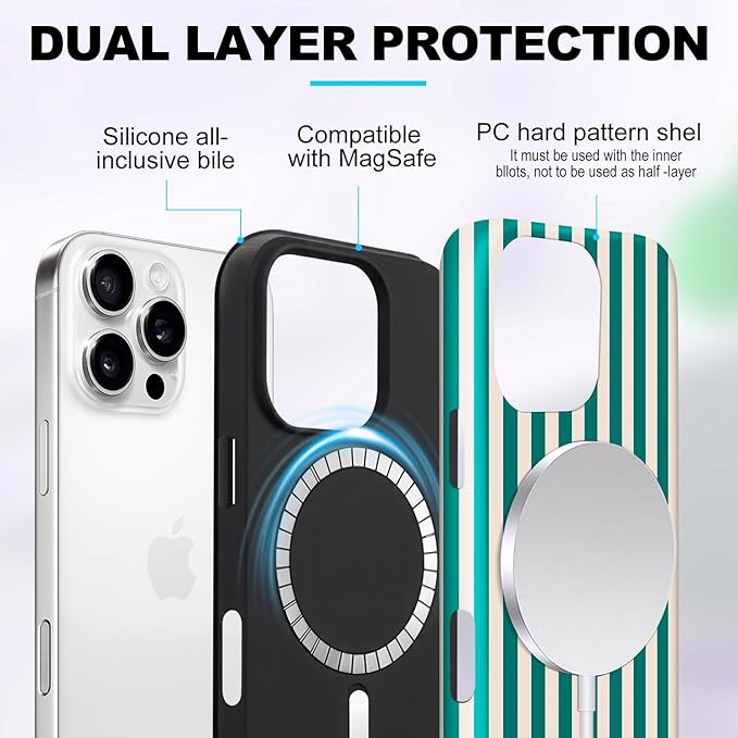 Magnetic for iPhone 15 Pro Case Cute Stripes Phone Case, Shockproof Slim TPU and Hard PC Protective Phone Cover Compatible with MagSafe Designed for Women Girls, Emerald Green