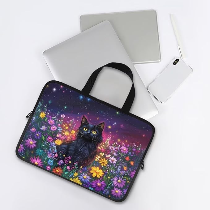 Galaxy Floral Laptop Handle Bag for Women 17 Inch Computer Protect Case Pouch Holder Black Cat Notebook Sleeve Neoprene Cover Soft Carrying Travel for 10-17 Inch Chromebook