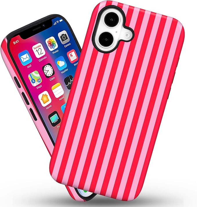 Magnetic for iPhone 17 Case Cute Stripes Phone Case, Shockproof Slim TPU and Hard PC Protective Phone Cover Compatible with MagSafe Designed for Women Girls, Pink and White