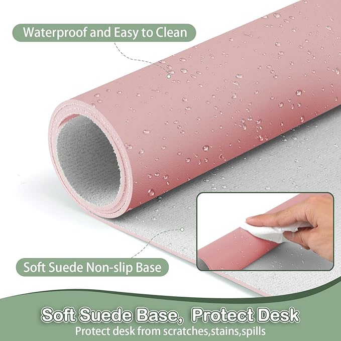 Boutilon Leather Desk Pad Protector,Non-Slip Mouse Pad,Laptop Desk Pad,Office Mouse Mat,Waterproof Leather Desk Blotter,Desk Writing Pad for Office and Home (M-Pink,30"x14")