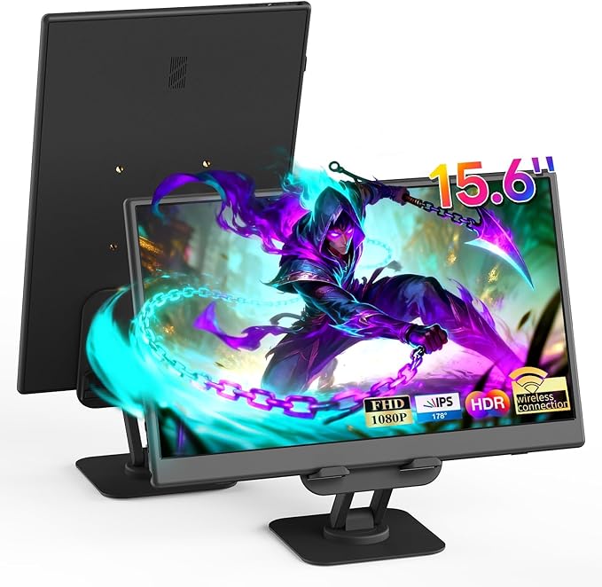 Wireless Portable Monitor, 15.6" 1080p FHD 60Hz Wireless Monitor for Laptop with Auto Rotation, Second Travel Portable Screen for PS4/5/Switch/MAC/Phone