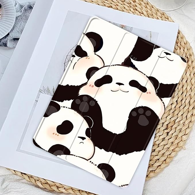 JOYLAND Lovely Pandas Pattern Case for iPad Pro 13-inch (M4) 2024, Clear Acrylic Hard Back Black Case with Pencil Holder Trifold Stand Tablet Hybrid Cover (Model Number:A2925/A2926/A3007)