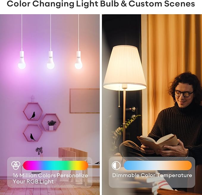 VOCOlinc Smart Light Bulb Works with Apple Homekit, Alexa, Google Home, Full Color Changing WiFi LED Bulbs, 850 Lumens Dimmable Multicolor 2200K-7000K, A21, 9.5W, 4 Pack