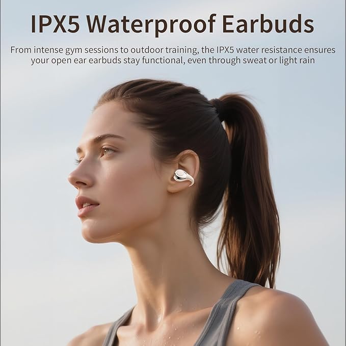 Open Ear Earbuds I5, Bluetooth 6.0 Headphones for Gym & Running, IPX5 Sweatproof, 36H Playtime, Secure Clip-On Fit for Work & Sports (2-White)