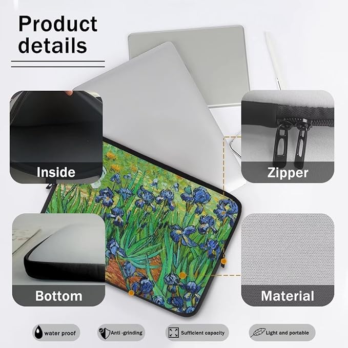 Irises Painting Laptop Sleeve 12 Inch for Women Exquisite Van Gogh Painting Pattern Computer Bag with Funny Design Lightweight Multiple & Neatly Organizers for On-The-Go Essentials