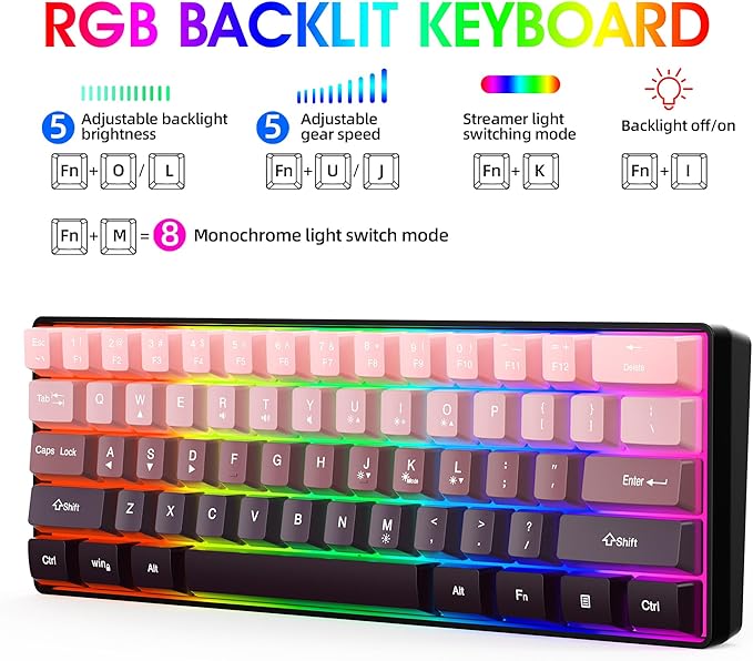 Snpurdiri 60% Wired Gaming Keyboard, 61 Keys RGB Backlit Ultra-Compact Small Gaming Keyboard, for PC/Mac Gamer, Typist, Travel, Easy to Carry on Business Trip (Pink-Black)