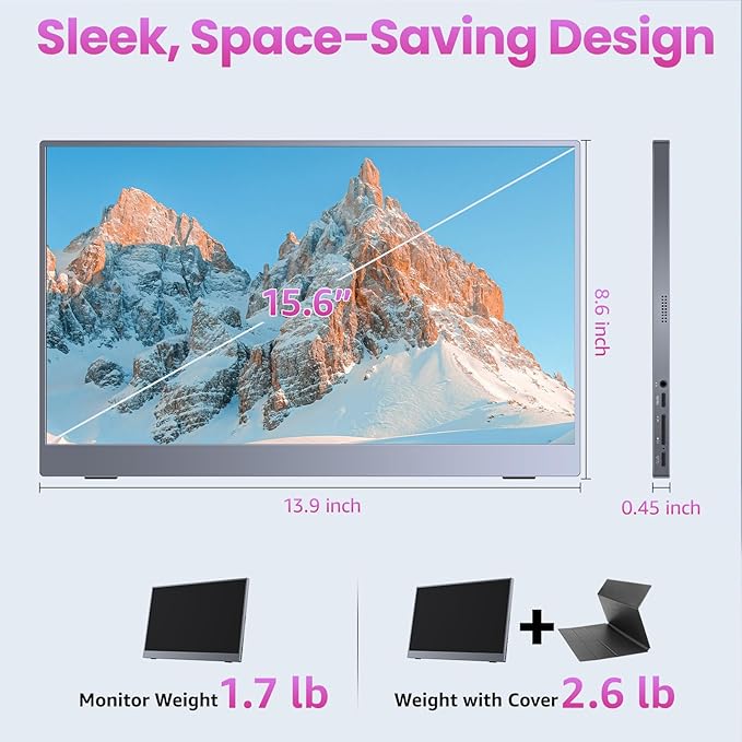 kksmart Portable Monitor 15.6 inch 1080P FHD 86% sRGB 60Hz, Travel Monitor for Laptop MacBook Surface PC Xbox PS5, HDMI USB-C VESA Compatible Built-in Speaker