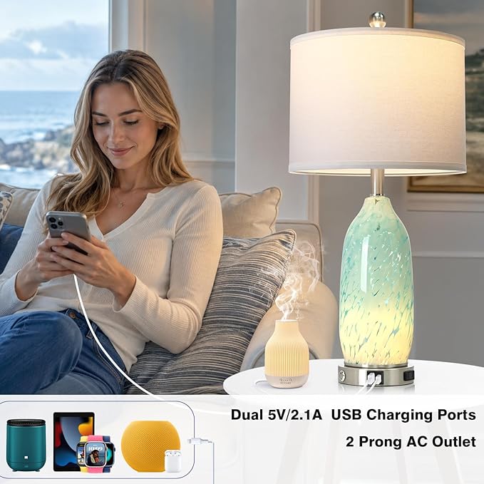 Rinweey 26" Bule Glass Table Lamps Set of 2,Nautical lamp with USB A+C Ports & AC Outlet,Coastal Bedside Lamps with 3-Way Dimmable Touch Control Night Light for Bedroom Living Room,Sky Blue