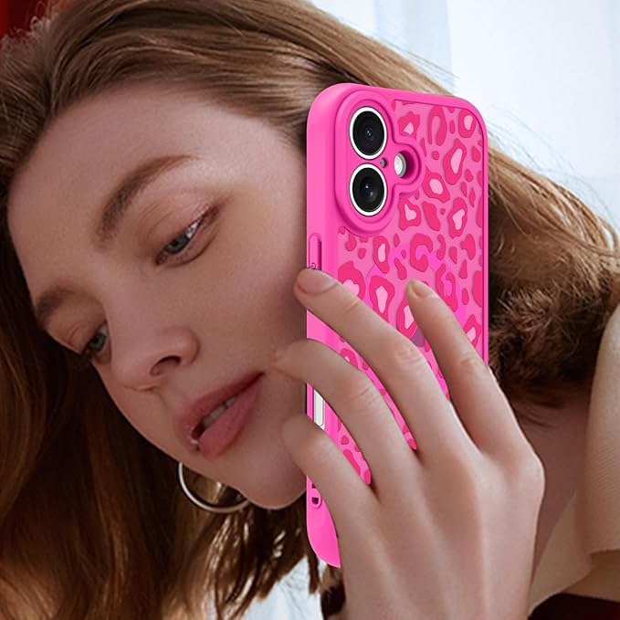 KANGHAR Case for iPhone 16 Hot Pink Leopard Printed Pattern Cute Cheetah [Compatible with Magsafe] Protective Magnetic Case for Girls Women 6.1"