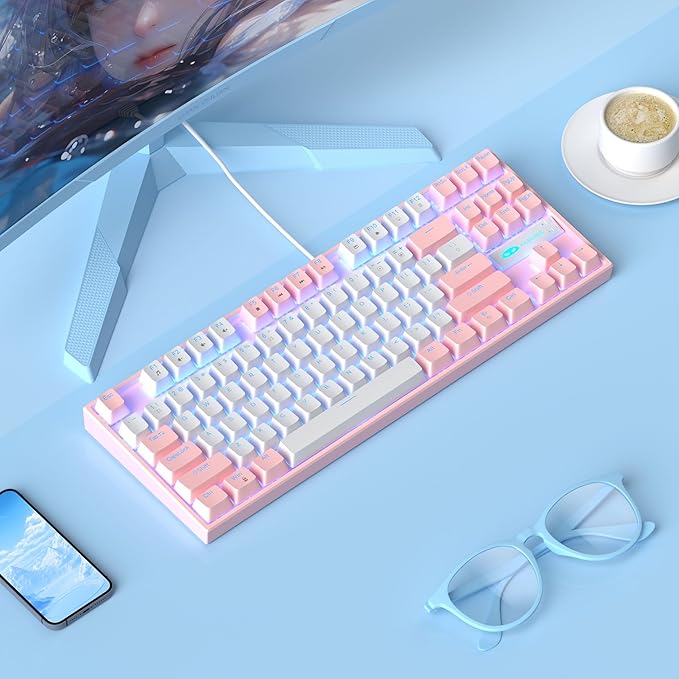 MageGee 75% Mechanical Gaming Keyboard, Red Switch, LED Blue Backlit, 87 Keys Compact TKL Wired Computer Keyboards for Windows Laptop PC Gamer - White/Pink