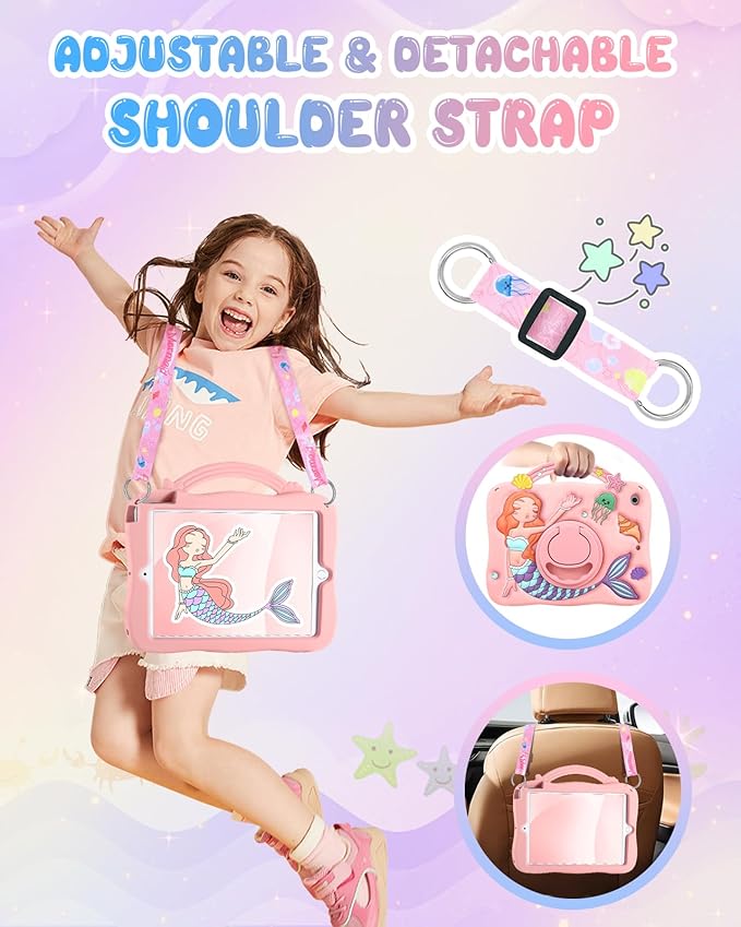 Boaretiu for iPad 9th Generation Case 10.2 Inch - for iPad 7th/8th/9th Gen 3D Cute Cartoon Pk Mermaids Girls Teens Soft Silicone Tablet Cover with Strap & Rotating Stand