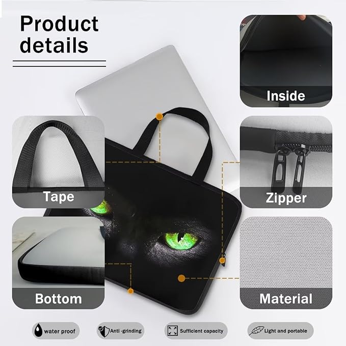 15 Inch Laptop Sleeve, Black Cat Green Eyes Laptop Cover Computer Bag Tablet Carrying Case with Handle, Funny Printed Notebook Case Handbag Briefcase Shoulder Bag for Office/School