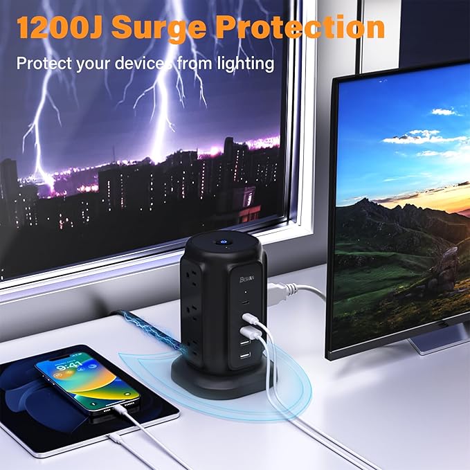 Ultra Slim Flat Plug Power Strip - 6.5ft Ultra Thin Extension Cord with 9 Outlets and 5 USB Ports (2 USB C), 1200J Surge Protector, 45° Angled Flat Plug, Dorm & Home Office Essentials