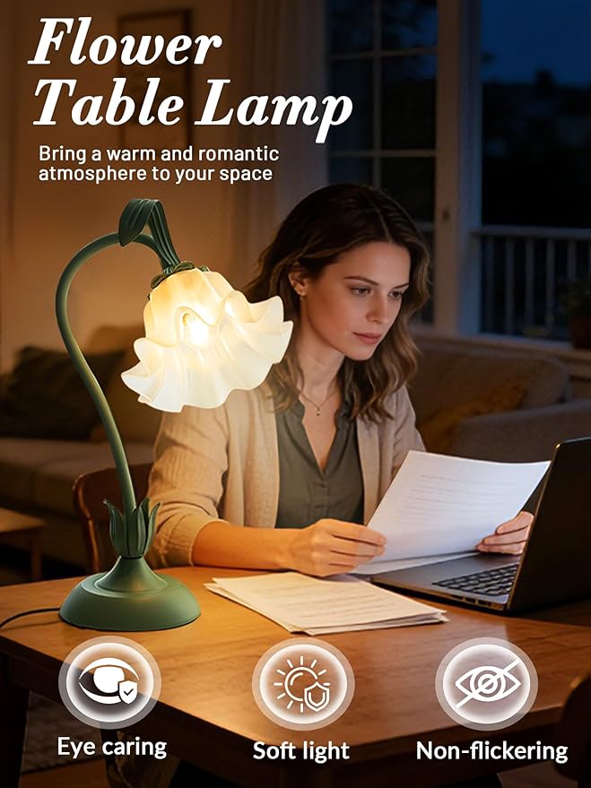 Mothers Day Gifts for Mom, Flower Table Lamp, LED Reading Light 3 Color Modes Bedside Lamps, Vintage Flower Nightstand Lamp Kawaii Table Lamps for Bedroom Living Room Home Decoration(Green lamp)