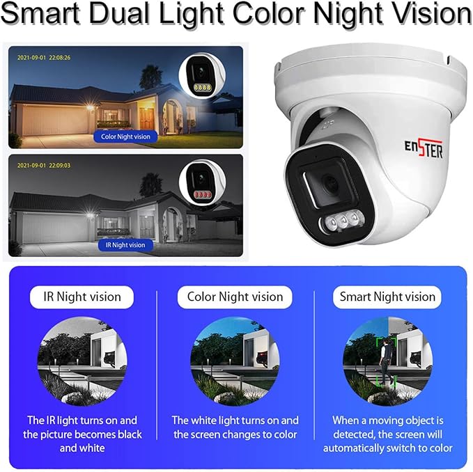 ENSTER 8MP 4K PoE Security Camera Outdoor, Full Metal, Compatible ONVIF & RTSP, 100ft Smart Color Night Vision, AI Human & Vehicle Detection, IP66 Waterproof, 110° Wide Angle, Built-in Mic