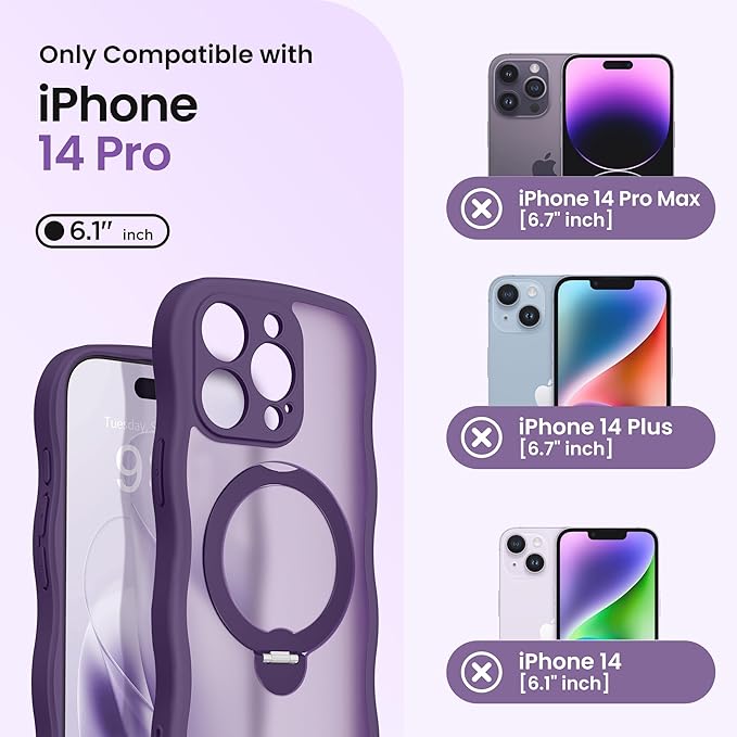 CAPRARO for iPhone 14 Pro Case with 360° Spin Magnetic Stand for Women, [Compatible with MagSafe] [Full Camera Protection] Cute Wave Translucent Matte Case for iPhone 14 Pro,Deep Purple