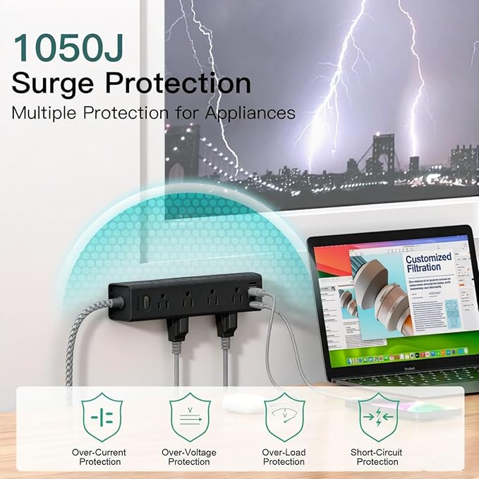 Addtam 20FT Long Black Power Strip Surge Protector, 12 Wide Spaced Outlets 4 USB, Flat Plug Extension Cord, Wall Mount Outlet Extender, 1050J Protection for Garage Workshop Office Gaming, ETL Listed