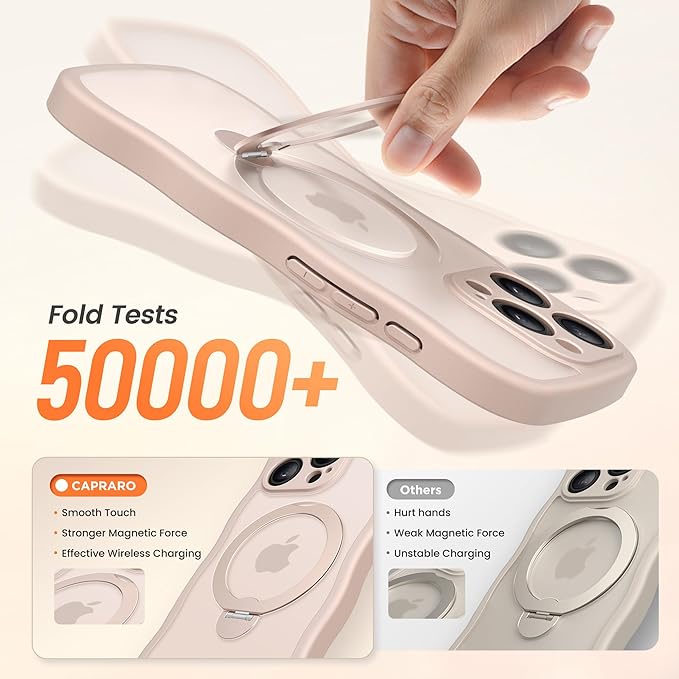 CAPRARO for iPhone 14 Pro Max Case with 360° Spin Magnetic Stand for Women, [Compatible with MagSafe] [Full Camera Protection] Cute Wave Translucent Matte Case for iPhone 14 Pro Max, Rose Gold