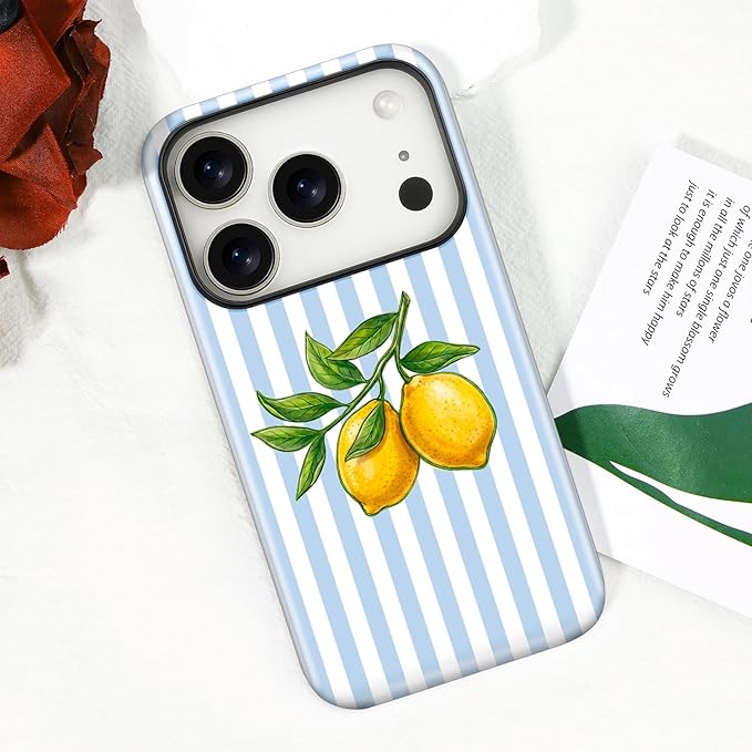 Magnetic for iPhone 17 Pro Max Case Cute Lemon Stripes Phone Case, Shockproof Slim TPU and Hard PC Protective Phone Cover Compatible with MagSafe Designed for Women Girls, Blue