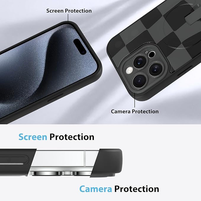 KANGHAR Compatible with iPhone 15 Pro Case, Support for MagSafe, Silicone Checkered Cute Pattern, Wristband Kickstand Camera Protection Soft Slim Cover for Girls Women -Black