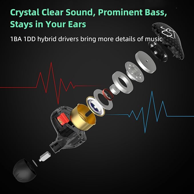 YINYOO KZ-ZST Hybrid Banlance Armature with Dynamic in-Ear Earphone 1BA+1DD HiFi Headset Wired Earbuds IEM Headphones Gaming Earbuds (Black-zst with Microphone)