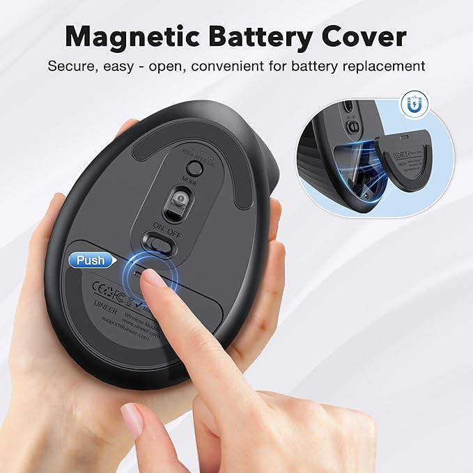 Uineer Vertical Ergonomic Mouse – Tri-Mode Wireless Bluetooth 5.0/4.0 & 2.4GHz USB Receiver, Battery-Powered, Connects to 3 Devices, 4 DPI Optical Mice for PC, Laptop, Compatible with Windows, Mac