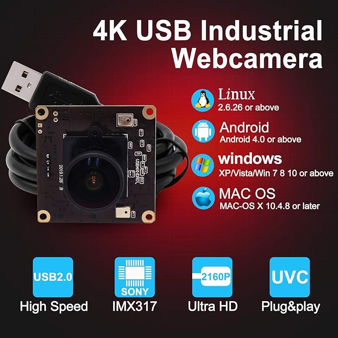 USB 4K Webcam Mini Camera Module avec 170 Degrees, Camera Web Ultra HD 2160P avec capteur IMX317 Aluminium Webcamera UVC Support, Plug & Play for Windows, Android, Mac, Linux