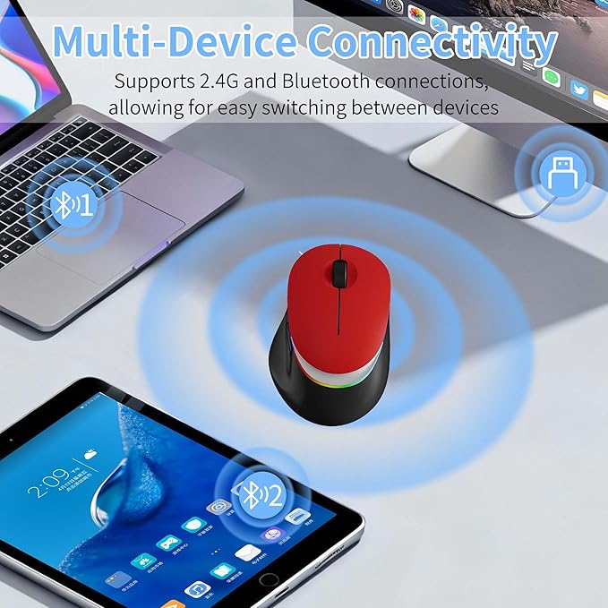 Ergonomic Wireless Bluetooth Mouse Vertical Rechargeable Silent Portable Ergo Mice with RGB Light & 2.4G USB Receiver,Dual Mode,for PC/Laptop/Computer/Desktop/Tablet/MacBook,Office Work Gift-Red