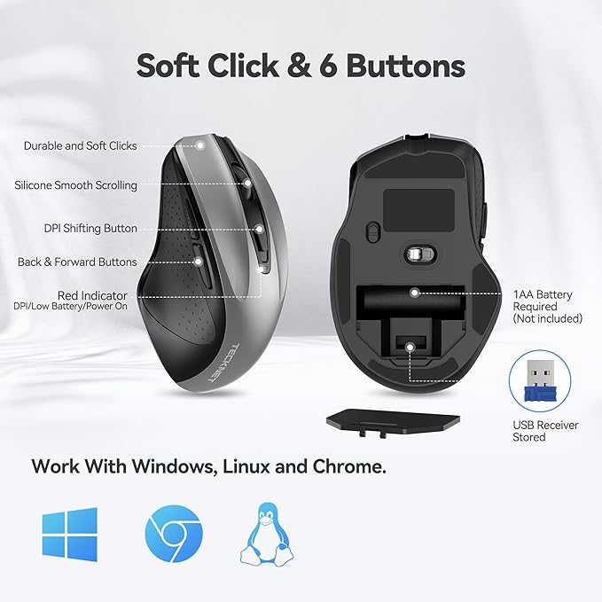 TECKNET Wireless Mouse, 2.4G Ergonomic Optical Mouse, Computer Mouse for Laptop, PC, Computer, Chromebook, Notebook, 6 Buttons, 24 Months Battery Life, 2600 DPI, 5 Adjustment Levels - Silver