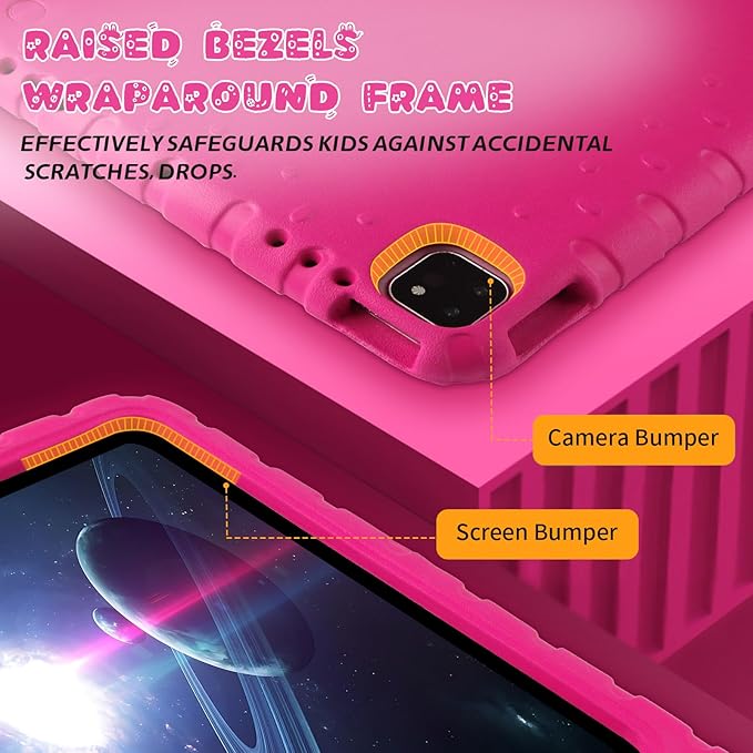 for iPad Pro 13 inch Case 2024, Shockproof Kids iPad 13 Pro Case, Protective Cover for iPad Pro 13 M4 with Pencil Holder, Anti-Slip Handle Stand, Rose Red