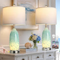 Rinweey 26" Bule Glass Table Lamps Set of 2,Nautical lamp with USB A+C Ports & AC Outlet,Coastal Bedside Lamps with 3-Way Dimmable Touch Control Night Light for Bedroom Living Room,Sky Blue