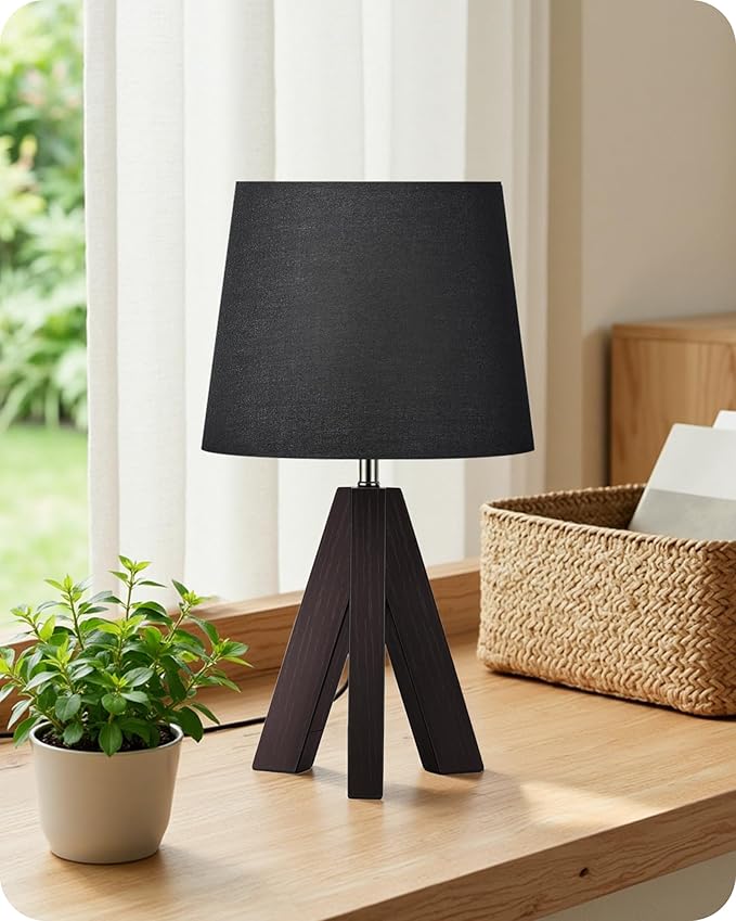 Tripod Table Lamp, 14.6" Small Bedside Lamp, Modern Nightstand Lamp with Black Shade & Dark Walnut Base, Boho Desk Lamp for Bedroom, Kids Room, Living Room, Study, E26 Socket, VB51TL05