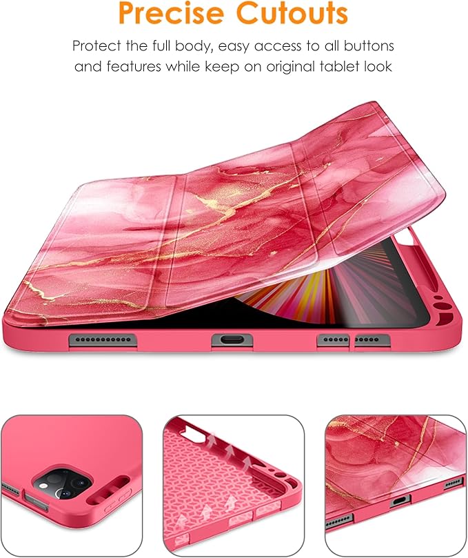 DTTO for iPad Pro 11 inch 4th/3rd/2nd/1st Generation 2022/2021/2020/2018 Case, Smart Slim Trifold Stand Soft TPU Back Cover with Built-in Pencil Holder, Also Fit iPad Air 5/4,Red Marble