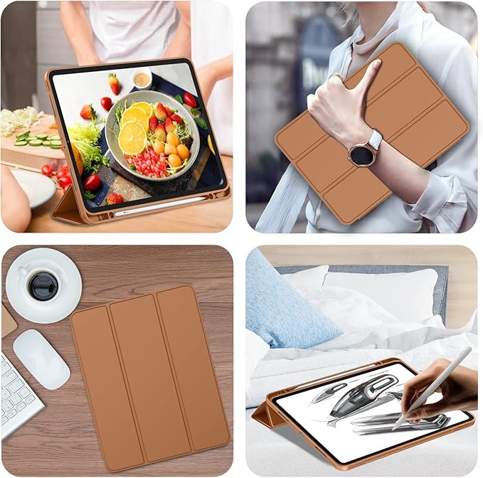 iMieet Case for iPad Pro 11 Inch (M5) 2025 /(M4) 2024 5th Gen, Trifold Stand Smart Cover with Pencil Holder and Soft TPU Back, Auto Wake/Sleep (Brown)