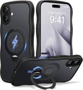 CAPRARO for iPhone 16 Case with 360° Spin Magnetic Stand for Women, [Compatible with MagSafe] [Full Camera Protection] Cute Wave Translucent Matte Case for iPhone 16, Black