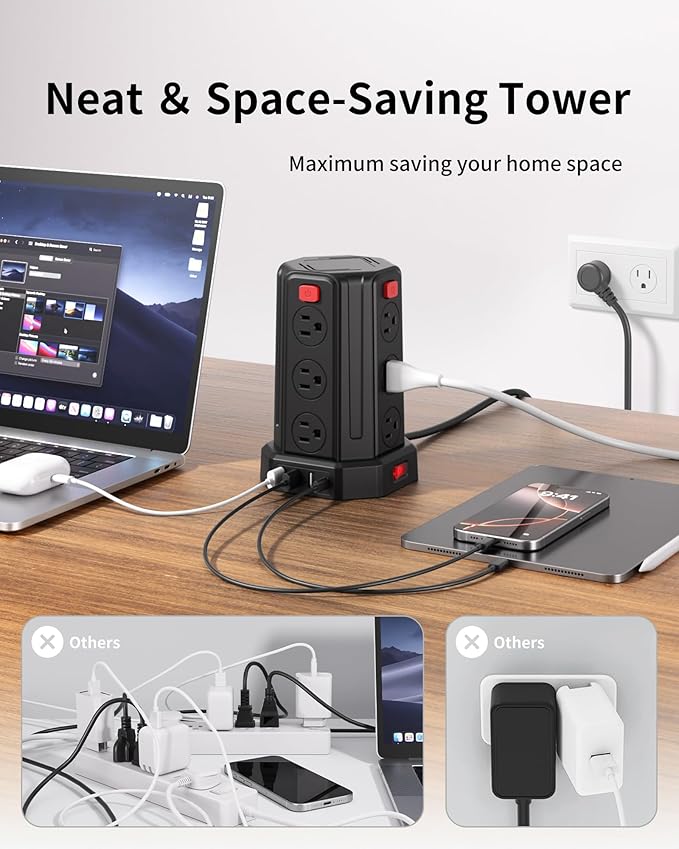 Power Strip Surge Protector, 10 Ft Extension Cord with 12 AC Multiple Outlets 4 USB (1 USB C), SMALLRT Power Tower Desktop Charging Station