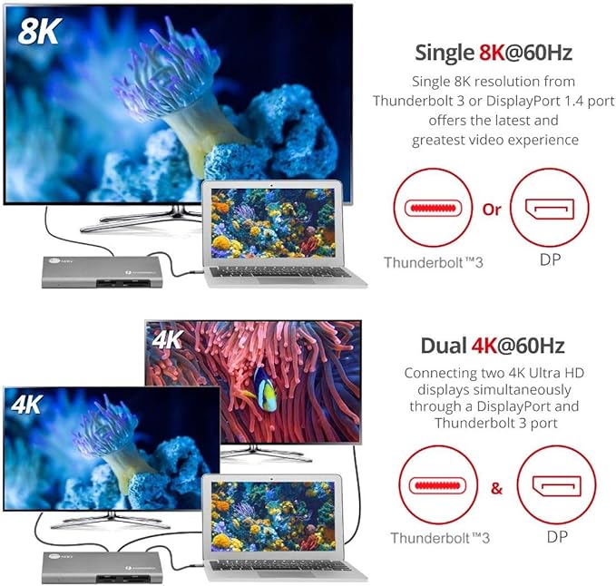 SIIG 8K Thunderbolt 3 Dock with 40 Gbps, 60W Charging, Single 8K or Dual 4K@60Hz for DisplayPort for Windows and Mac, XQD/SD/CFast/TF Card Reader, DP 1.4, Includes 2.3ft TB3 Cable (JU-DK0G11-S1)