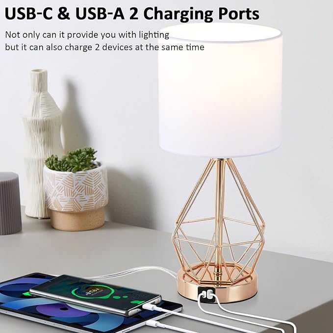 Gold Bedroom Lamps Set of 2, 3 Way Dimmable Touch Table Lamp with USB A+ C Port, Modern Small Lamp for Nightstand with Fabric Shade, Brass Bedside Lamp for Bedroom Living Room, 2 LED Bulbs Included
