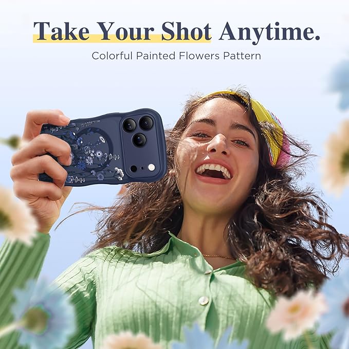 GVIEWIN for iPhone 17 Pro Case Compatible with MagSafe [Curly Wave Edge][Full Camera Protection] Floral Translucent Shockproof Magnetic Women Phone Case for iPhone 17 Pro 6.3'', Floratopia/Blue
