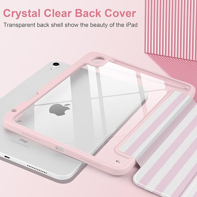 Case for iPad Air 13 inch 2026 M4 2025 M3 2024 M2 Release with Pencil Holder - Cute Pink White Striped Trifold Cover with Clear Back Auto Sleep, Aesthetic Soft Protective Skin for Girls Women