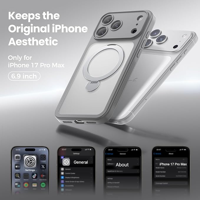 for iPhone 17 Pro Max Case [ 360° Spin Magnetic Stand] [Full Camera Protection] Compatible with Magsafe, 15FT Military-Grade Protection, Translucent Matte Anti-Slip Phone Case 6.9'', Gray