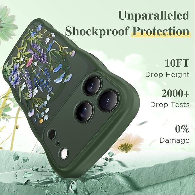 GVIEWIN for iPhone 17 Pro Max Case Compatible with MagSafe [Curly Wave Edge][Full Camera Protection] Floral Translucent Shockproof Magnetic Women Phone Case for 17 Pro Max, Sweet Posy/Forest Green