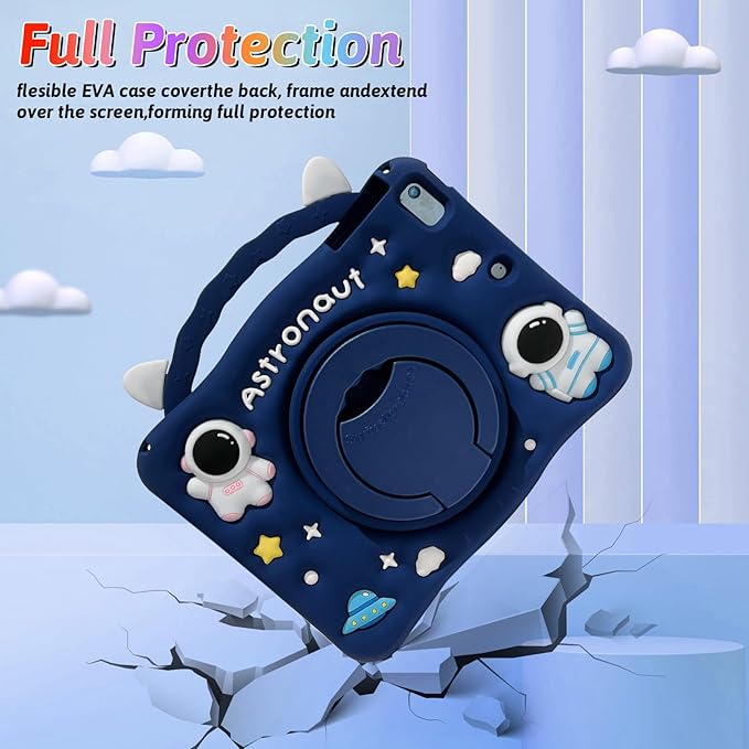 Dteck for iPad 10.9" 10th Generation Case Kids,Cute Cartoon 3D Unique Design Light Rotating Handle Stand Shoulder Strap Soft Silicone Funda Drop Rugged Shockproof Protective Kid-Proof Case,Astronaut