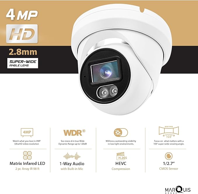 Marquis 4MP PoE IP Turret Dome Camera with Microphone/Audio, IP Security Camera Outdoor Rated, Waterproof IP66, 108° Wide Angle 2.8mm Lens (Regular IR)