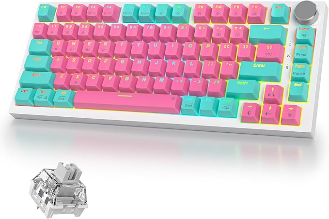400PRO 75% Wireless Creamy Mechanical Keyboard Pink, Gasket Hot Swappable RGB Gaming Keyboard, Bluetooth/2.4GHz/USB-C Cute Keyboard with Pre-lubed Cream Grey Switches (82 Pink Cyan) ﻿