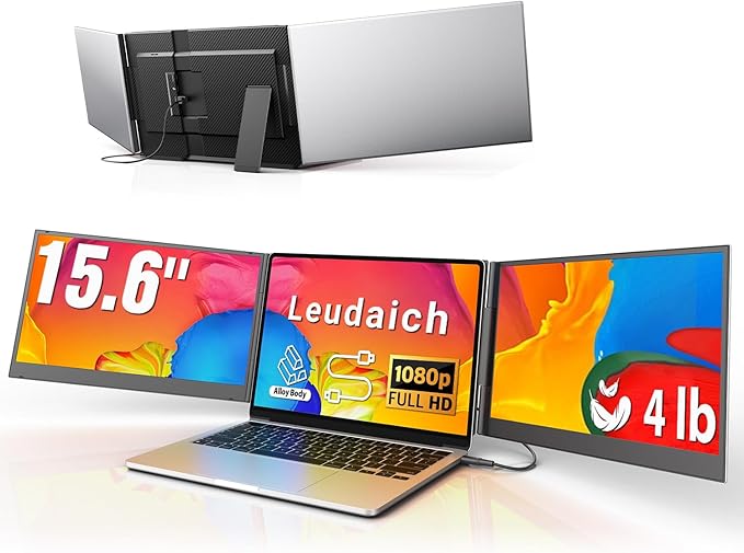 15.6'' Laptop Triple Screen Extender One Cable Connection, 1080P FHD IPS Portable Dual Monitor with Speaker, Ultra-Slim Travel Monitor for 13-17.3" Laptops, Compatible with MacOS, Windows, Android