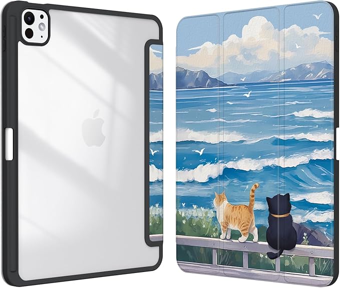 Case for iPad Pro 11-Inch M5/M4 2025/2024 (6th/5th Generation), Case with Pencil Holder, Clear Back Cover Cute Cool Design for Women Girls, Auto Sleep/Wake, Cute Cat