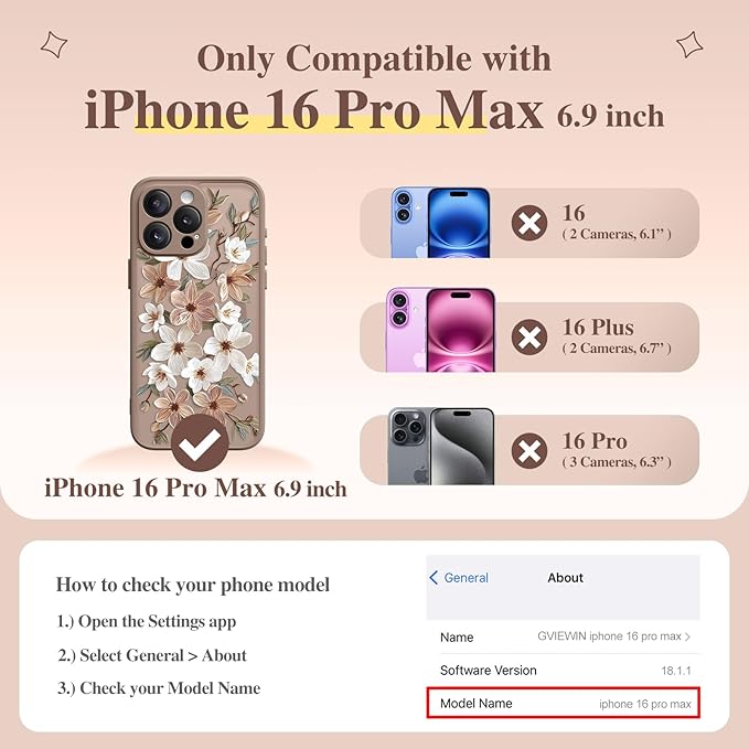 GVIEWIN for iPhone 16 Pro Max Case Compatible with MagSafe, [Military Grade Protection] [Screen Protector] Full Camera Protection Floral Translucent Women Magnetic Phone Case, Dogwood/Brown