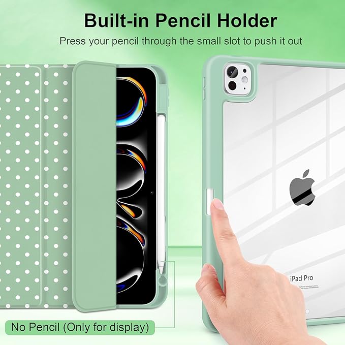 Case for iPad Pro 11 Inch (M5 2025 M4 2024) – [Built-in Pencil Holder], Shockproof & Stylish, Clear Hard Back + Soft TPU Edge, Magnetic Trifold Stand, Auto Wake/Sleep, Green White dot