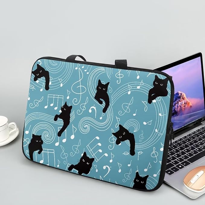 17 Inch Laptop Sleeve, Music Note Black Cats Laptop Cover Computer Bag Tablet Carrying Case with Handle, Durable Tote Bags Notebook Case Handbag Briefcase Shoulder Bag for Business/School